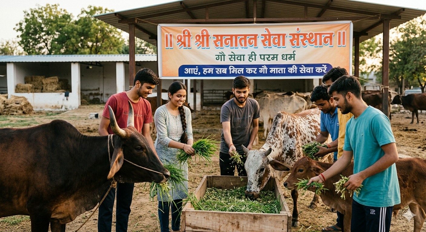 Volunteers serving and feeding green grass to cows at a gaushala under Shri Shri Sanatan Seva Sansthan