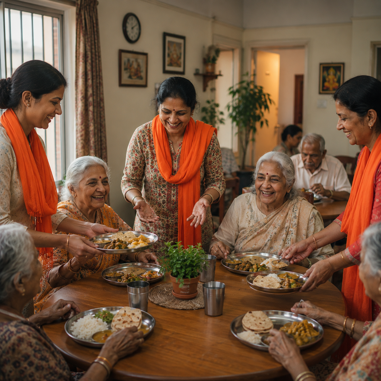 Volunteers in orange scarves serving meals and spending quality time with smiling elderly residents in care facility